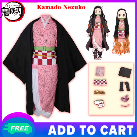 Anime Demon Slayer Kimetsu No Yaiba Kamado Nezuko Cosplay Costumes Kimono Wig for Women Kids Girls on Sale Halloween Pretend Costumes