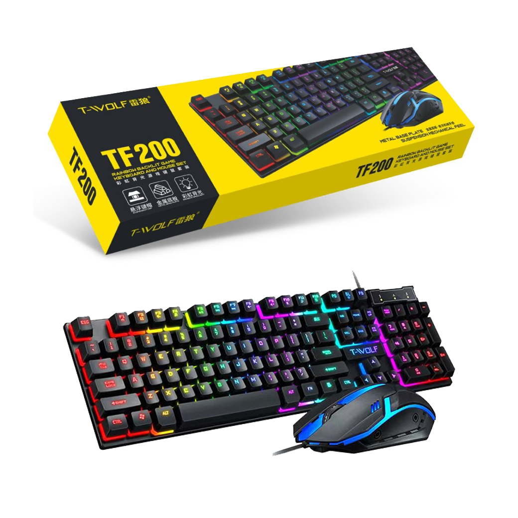 TF-200 คีย์บอร์ดและเมาส์เกมส์มิ่ง สายUSB ไฟ RGB กันน้ำ 7-colorful Gaming Keyboard and Mouse Set Rainbow light