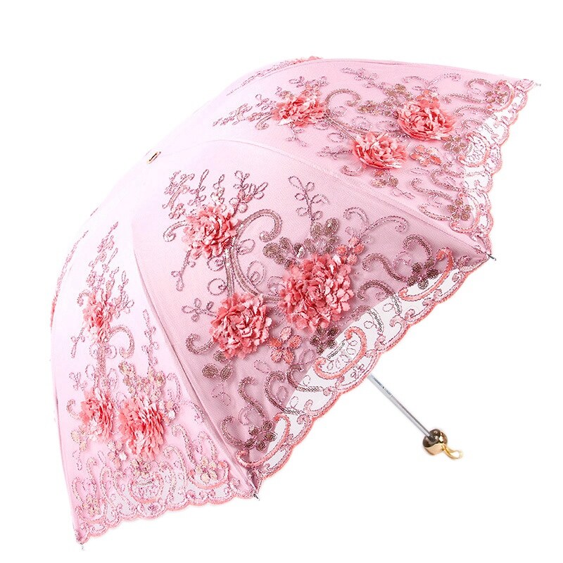 Lace UV Sun Parasol Folding 3D Flower Embroidery Umbrella Outdoor Parasol Summer Wedding Flower Umbrella