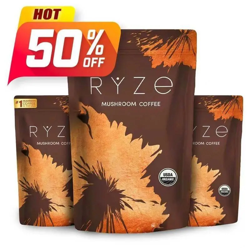 กาแฟเห็ด RYZE ออร์แกนิก USDA 6 ชนิดเห็ดอะแดปโตเจนิก น้ำมัน MCT ผลิตในสหรัฐอเมริกา กาแฟสำเร็จรูป 60 ครั้ง ช่วยเพิ่มพลังงาน สมาธิ การย่อยอาหาร และภูมิคุ้มกัน ด้วยเห็ดหางไก่งวง, เห็ดหอม, และเห็ดแผงคอสิงโต