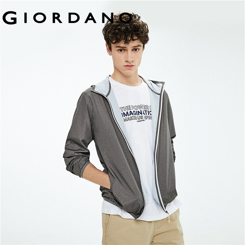 Giordano Men Black Technology Sunscreen เสื้อแจ็คเก็ต Windbreaker แบบมีฮู้ดผิวน้ำหนักเบา Free Shipping 01071068
