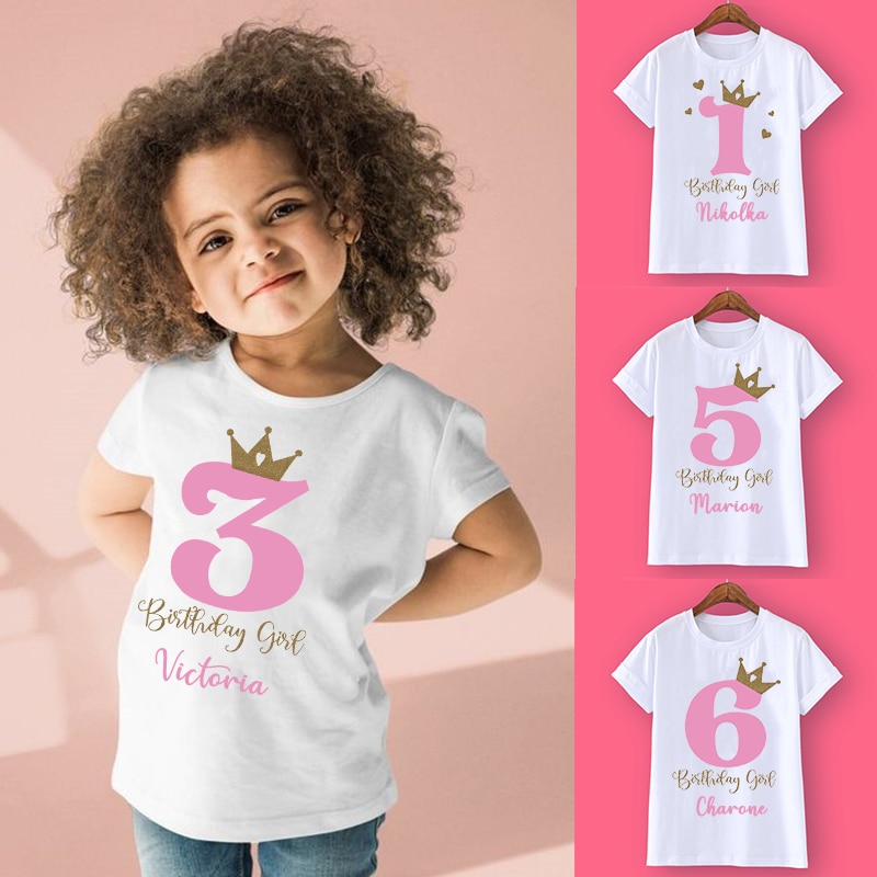 Funny Crown Gift of Birthday Girls Personalised T Shirt 1-10Y Custom Name T-Shirt Wild Tee Girls Party Tshirt Clothes Kids Gifts Fashion Tops