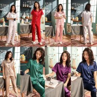 #พร้อมส่งจากไทย# ชุดนอน-2103 Night suit ชุดนอนขายาวแขนสั้น ผ้าซาติน สีพื้น มี 9 สี ชุดนอนผ้าซาติน ชุดนอนหญิง ชุดนอน (munafie.fashion)