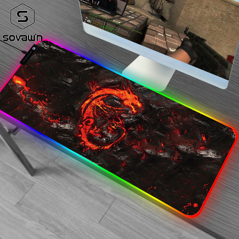 SOVAWIN แผ่นรองเมาส์ RGB แผ่นรองเมาส์สำหรับเล่นเกมดีไซน์มังกรแดง 800x300x4MM