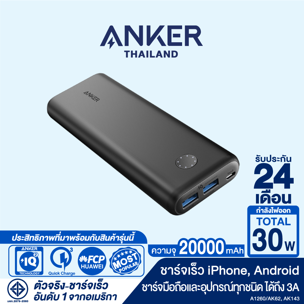 Anker PowerCore II 20000 Quick Charge Powerbank พาวเวอร์แบงค์คุณภาพสูง แบตสำรองมือถือชาร์จเร็ว Quick Charge แถม!สายชาร์จ Micro USB พร้อมซองผ้า