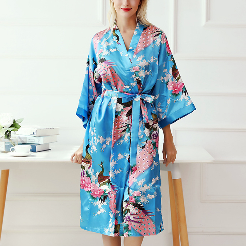 WEFRTGH ชุดเดรสซาติน Robe Kimono ชุดนอนผ้าไหมเสื้อคลุมนอนชุดคลุมอาบน้ำชุดนอน