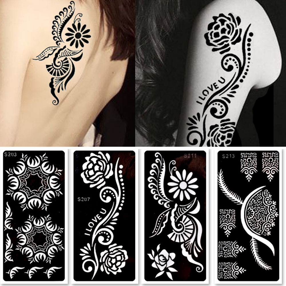 KGYJFK เรขาคณิต Body Art เฮนน่าลอกลายดอกไม้สีดำแผ่นแบบลายสักแสตมป์แผ่นรอยสักชั่วคราว Tattoo พิมพ์ลายฉลุ