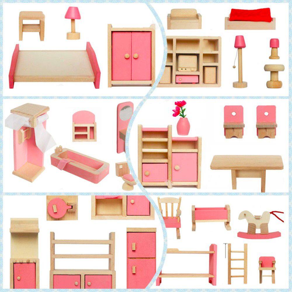 DSFGRST ห้องนอนเด็กห้องรับประทานอาหารห้องน้ำห้องนอน DIY คุณภาพสูงเฟอร์นิเจอร์ไม้บ้านตุ๊กตาขนาดเล็ก6ประเภทของเล่นเรียนรู้สำหรับเด็กเด็กการศึกษาเฟอร์นิเจอร์บ้านตุ๊กตาของเล่นจำลอง3D อาคารของเล่น