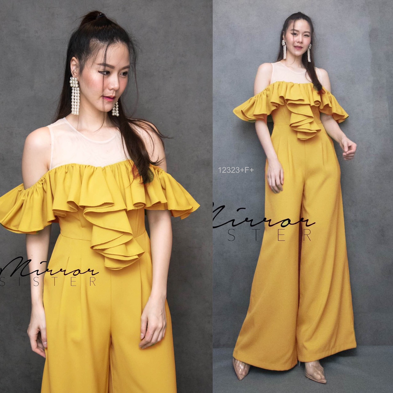 J12323 Jumpsuit จั๊มสูทขายาว อกระบาย