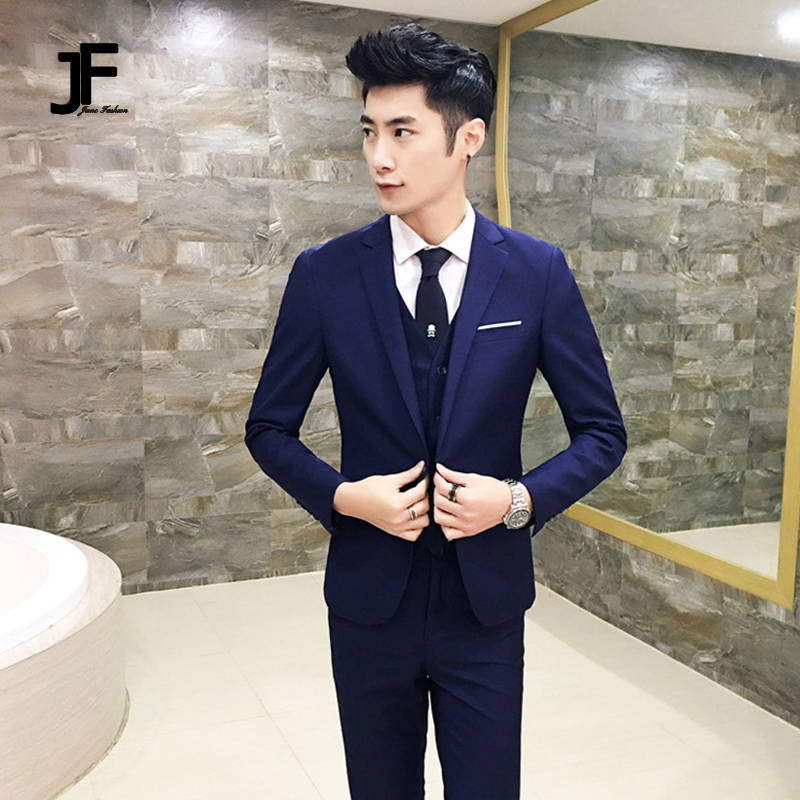 Jane ชุดสูทผู้ชายเกาหลี 3 ชิ้นขนาดใหญ่สูทสลิมฟิตชุดแต่งงานเจ้าบ่าว เสื้อสูท + กางเกง + เสื้อกั๊ก