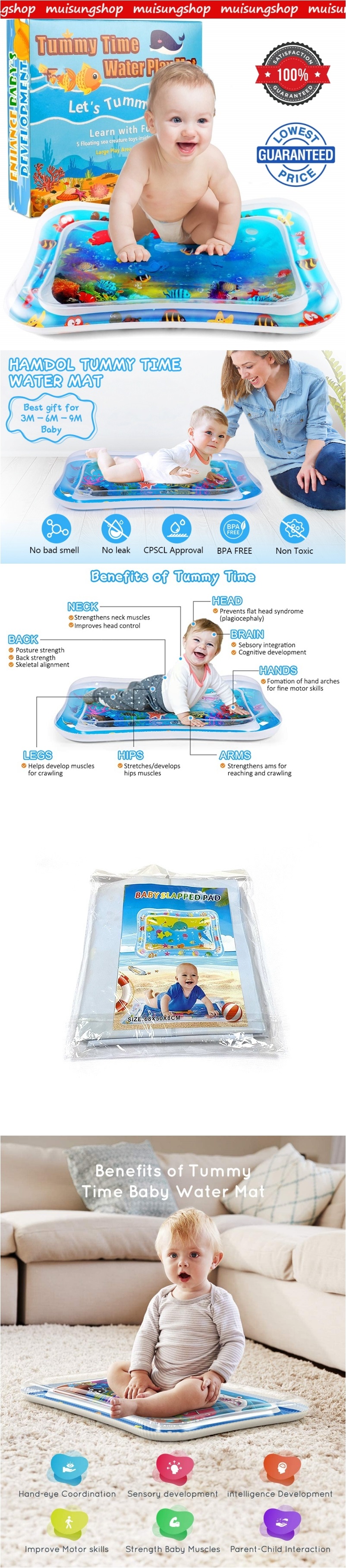 ข้อมูลเพิ่มเติมของ MUISUNGSHOP ฺBABY Slapped pad Water Mat ของเล่นสำหรับเด็กเล็ก ของเล่นทารกแรกเกิด Inflatable Tummy Time เบาะน้ำสำหรับเล่น