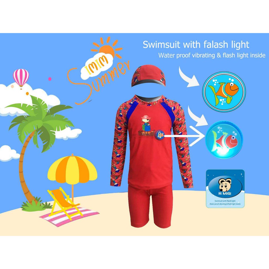 ชุดว่ายน้ำเด็ก 37005 ลายการ์ตูน มีไฟแฟลตที่หน้าอก ระบบกันน้ำ ไม่เป็นอันตรายต่อเด็ก