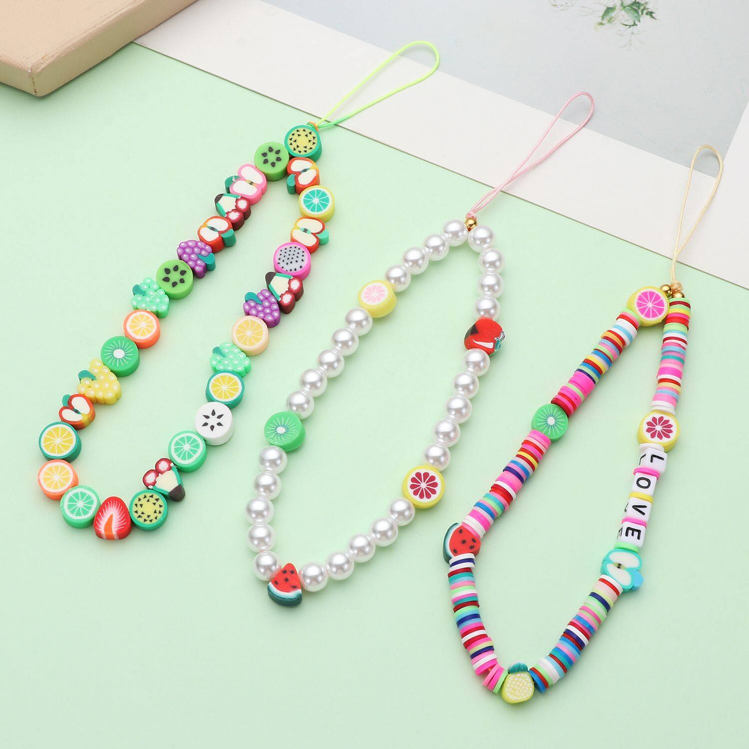 PU10703703603 Fashion Wrist Strap Acrylic Bead Keychain Phone Strap Lanyard Cell Phone Case Hanging Cord Fruit Letter Pearl Beaded Polymer Clay