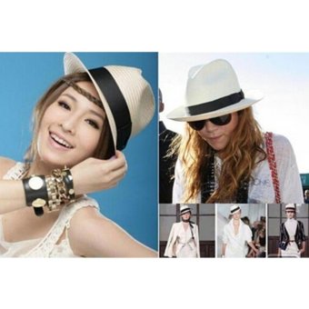 หมวกปานามา Fedora สีขาว หมวกแฟชั่น มีสายสีดำคาดที่ตัวหมวก 1 ชิ้น หมวกปานามา Fedora สีขาว หมวกแฟชั่น มีสายสีดำคาดที่ตัวหมวก 1 ชิ้น