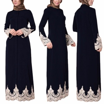 Hequ Muslim Women Embrodered Cuff Lace Dress Abaya Islamic ChiffonMaxi Dress Black - intl Hequ Muslim Women Embrodered Cuff Lace Dress Abaya Islamic ChiffonMaxi Dress Black - intl
