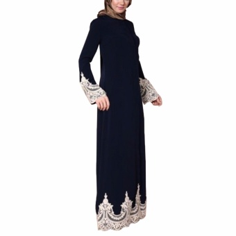 Hequ Muslim Women Embrodered Cuff Lace Dress Abaya Islamic ChiffonMaxi Dress Black - intl Hequ Muslim Women Embrodered Cuff Lace Dress Abaya Islamic ChiffonMaxi Dress Black - intl