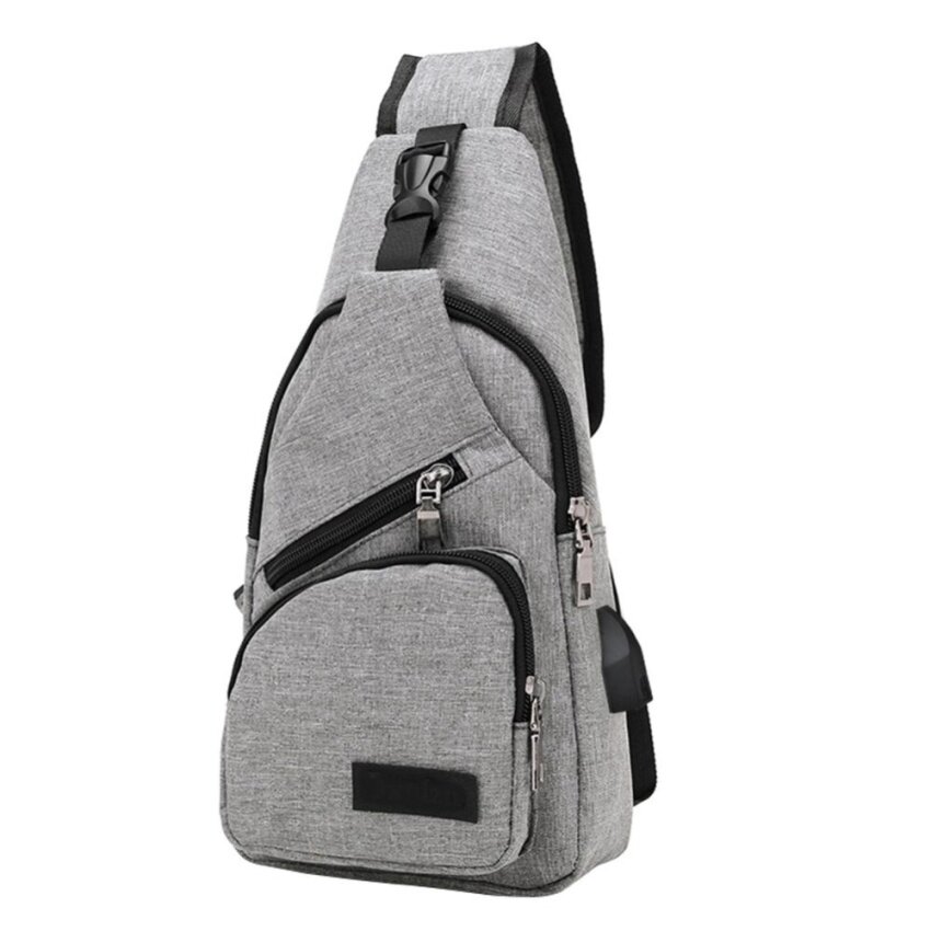 ดูภาพ Men Canvas Chest Bag Outdoor Multifunction Crossbody Bag With USB Port(Grey) - intl เพิ่มเติม Men Canvas Chest Bag Outdoor Multifunction Crossbody Bag With USB Port(Grey) - intl