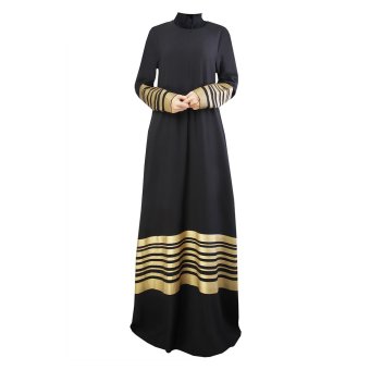 Muslim Women Long-sleeved Gold Seal Strip Dress (Black) - intl Muslim Women Long-sleeved Gold Seal Strip Dress (Black) - intl