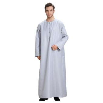 Small Wow Men's Long Sleeve Kaftans Solid Color Cotton Ankle Length Jubahs Grey - intl
