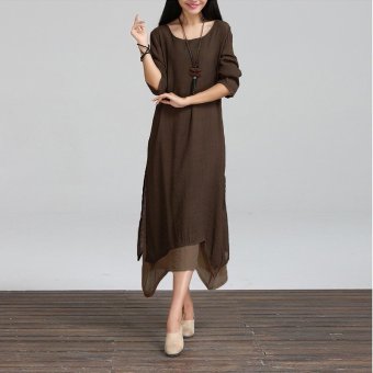 ZANZEA Boho แขนเสื้อยาวผ้าฝ้ายสาวฮิปปี้ยาวแต่งตัวสบาย ๆ กาแฟแมกซี่ ZANZEA Boho แขนเสื้อยาวผ้าฝ้ายสาวฮิปปี้ยาวแต่งตัวสบาย ๆ กาแฟแมกซี่