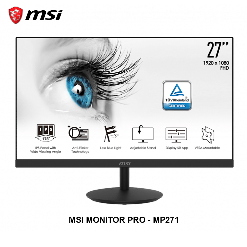 MSI MONITOR PRO MP271 จอมอนิเตอร์ 27 นิ้ว ปรับเอียงได้ ความละเอียด 1920x1080(Full HD) เทคโนโลยี MSI Anti-Flicker ปกป้องดวงตาขณะใช้งาน รับประกัน 3 ปี By Mac Modern