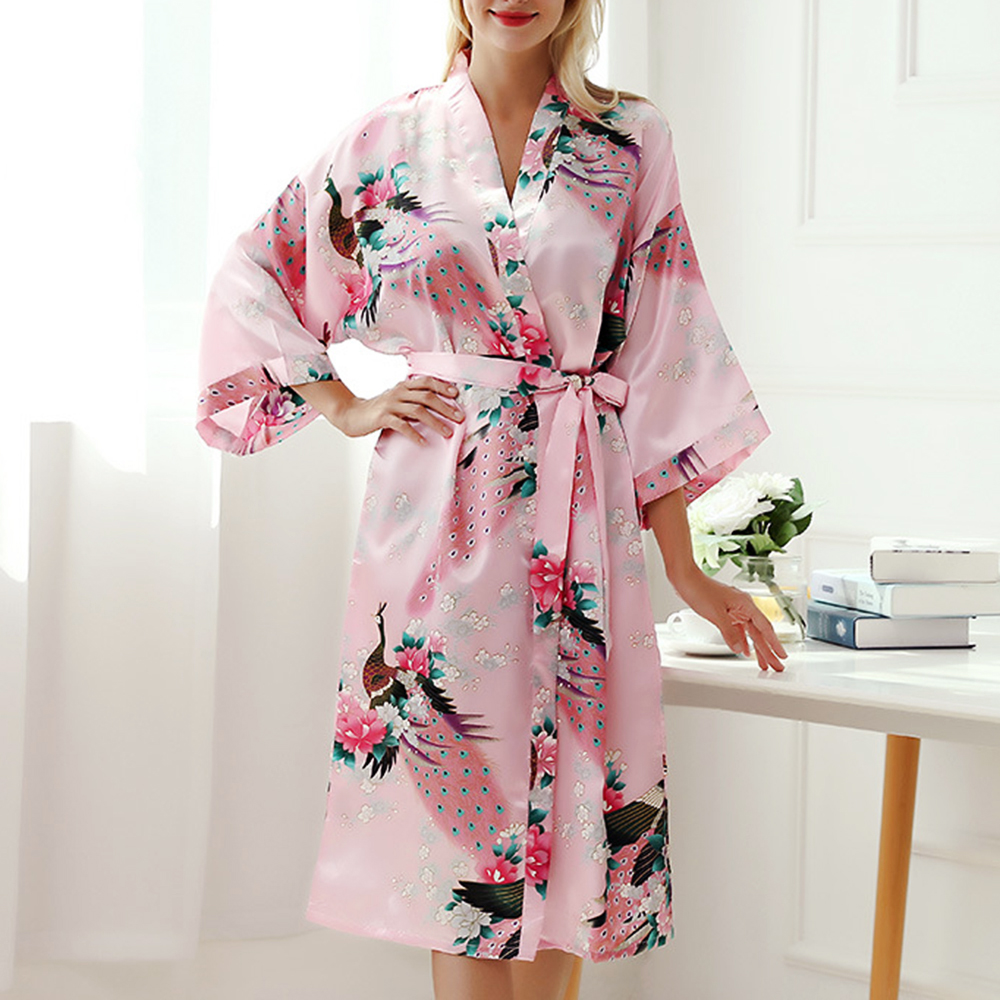 DASFDSGFV ชุดคลุมงานแต่งซาตินนกยูง Kimono เสื้อคลุมนอนเสื้อคลุมอาบน้ำชุดนอนชุดนอน