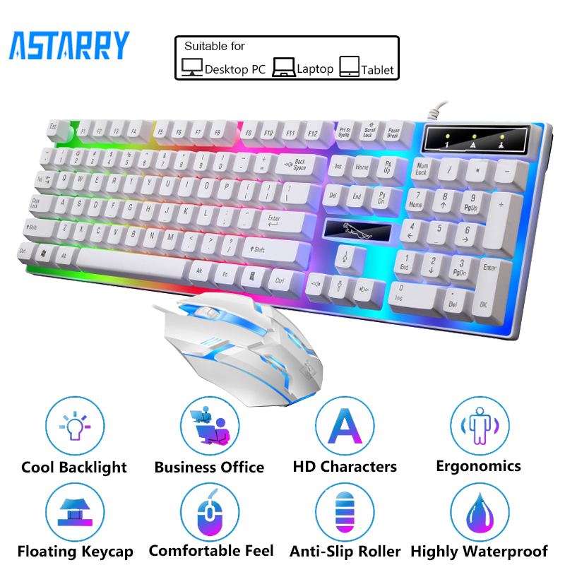 AStarry คีย์บอร์ด เมาส์ คีย์บอร์ดเล่นเกม ชุดคีบอดเมาส์ Gaming Keyboard Mouse Mice Set ชุดคีย์บอร์ดและเมาส์ คีบอร์ดเกมมิ่ง USB เรืองแสงกันน้ำ คลังสินค้าป