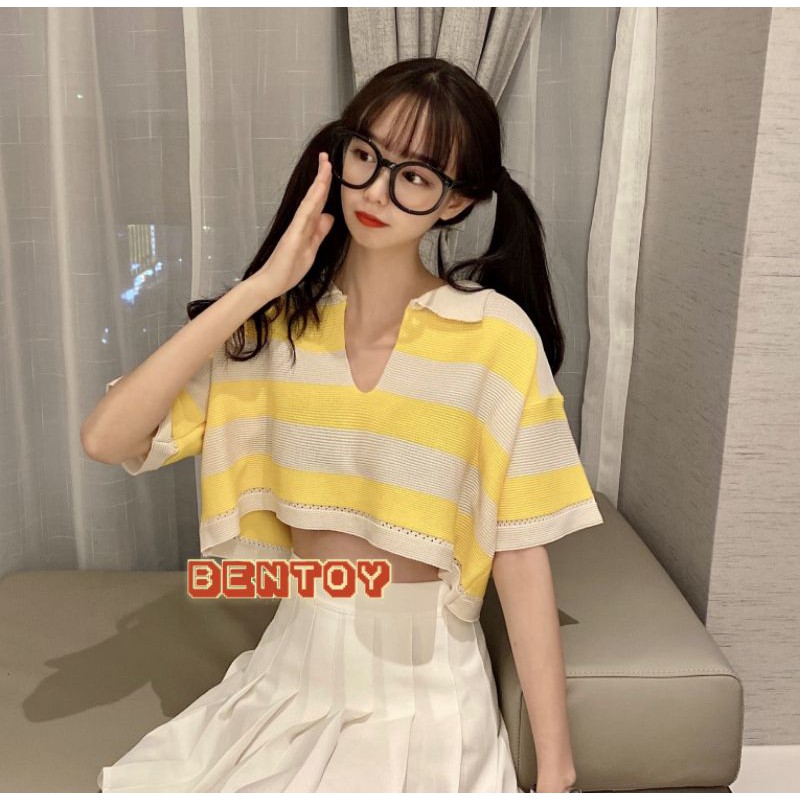 ◑  Bentoy*พร้อมส่ง*เสื้อครอปคอปกหน้าวีลายทางแขนสั้นสุดฮิตNO.5958-1