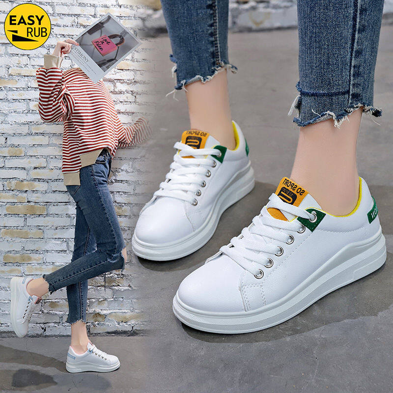 EASY RUB รองเท้าส้นเตี้ยผูกเชือกสำหรับผู้หญิง รองเท้าผ้าใบลำลองสีขาว สไตล์แฟชั่นเกาหลี