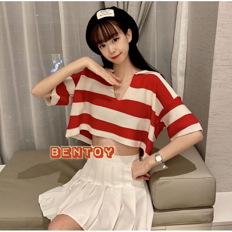 ◑  Bentoy*พร้อมส่ง*เสื้อครอปคอปกหน้าวีลายทางแขนสั้นสุดฮิตNO.5958-1