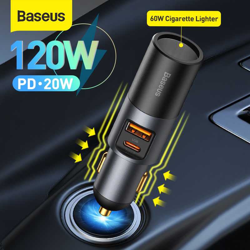 Baseus 120W Car Charger สำหรับ 12-24V รถ QC 4.0 PD 3.0 USB ด่วนชาร์จชาร์จสำหรับ iPhone ซัมซุง Xiaomi หัวเว่ย Vivo Oppo realme ด่วนชาร์จบุหรี่ไฟแช็ก Splitter ซ็อกเก็ต