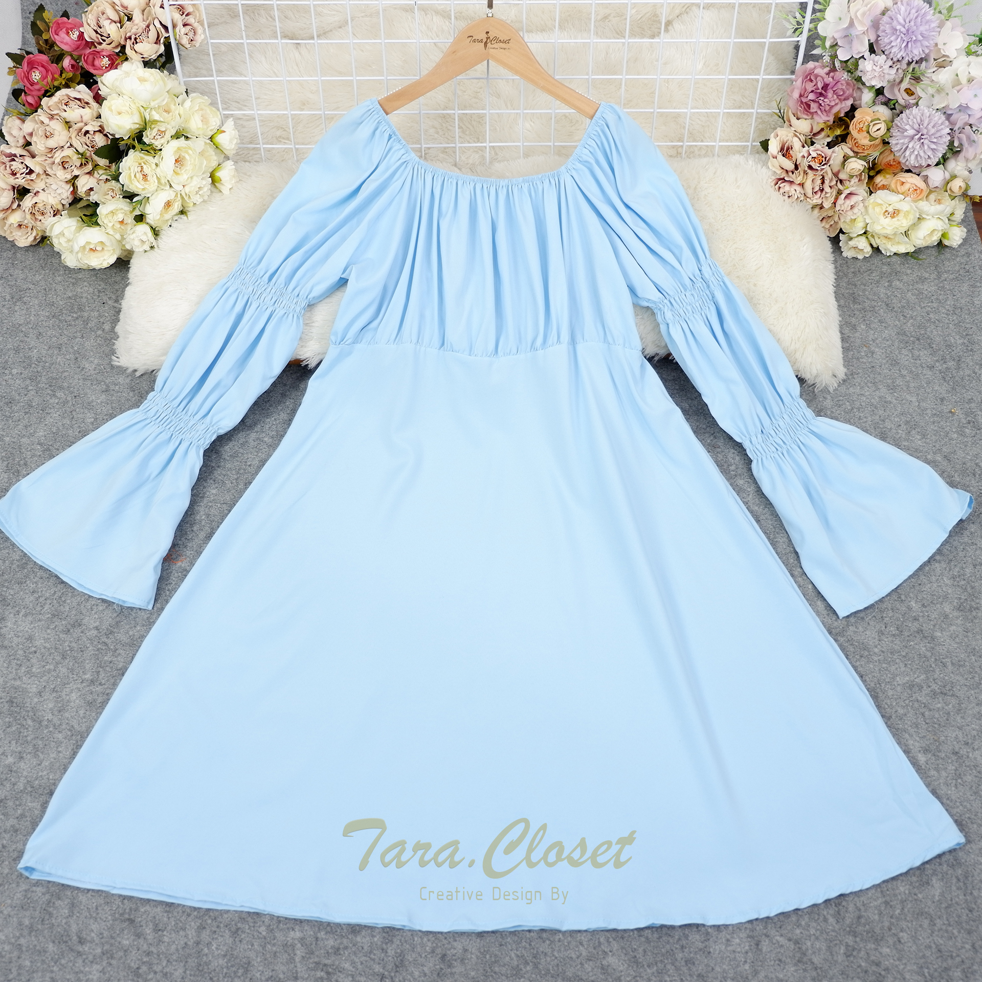 PE060 TARA Dress Bigsize ชุดเดรสญาญ่า คอเหลี่ยม ปาดไหล่ แขนยาว สม็อกแขน เนื้อผ้าไหมอิตาลี ผ้าเบาพริ้ว สวย ใส่สบาย