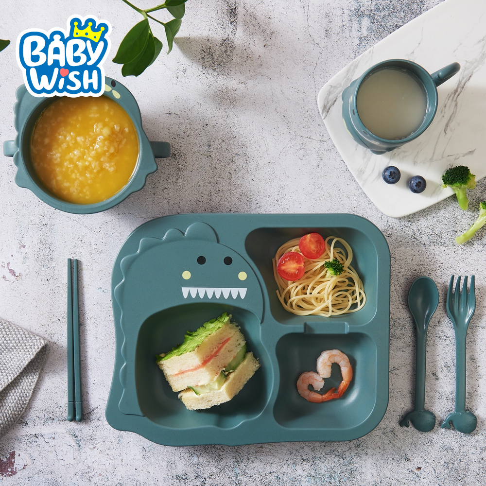 [จัดส่งจากไทย] ชุดจานข้าวเด็ก เซ็ท 4 ชิ้น วัสดุฟางข้าวสาลี ไม่มีสารเคมี Baby Wish