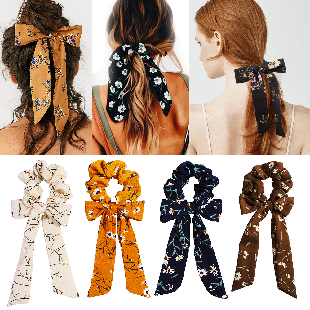F8C503Y Summer Girls Hair Rope Ponytial Holder Headbands Bow Streamers Hair Ring Floral Print Scrunchie Elastic Hairbands
