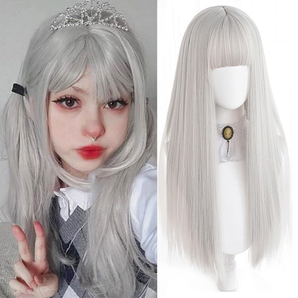 Long Straight Hair Synthetic Wig Silver White Black Bangs Wig Cosplay Lolita Wig Heat Resistant Party Wig