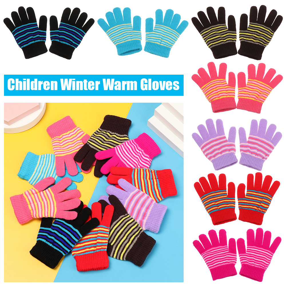 AFTERWARD Outdoor Thicken Winter Keep Warm Kids Gloves Baby Finger Gloves Printed Stripe Cartoon
