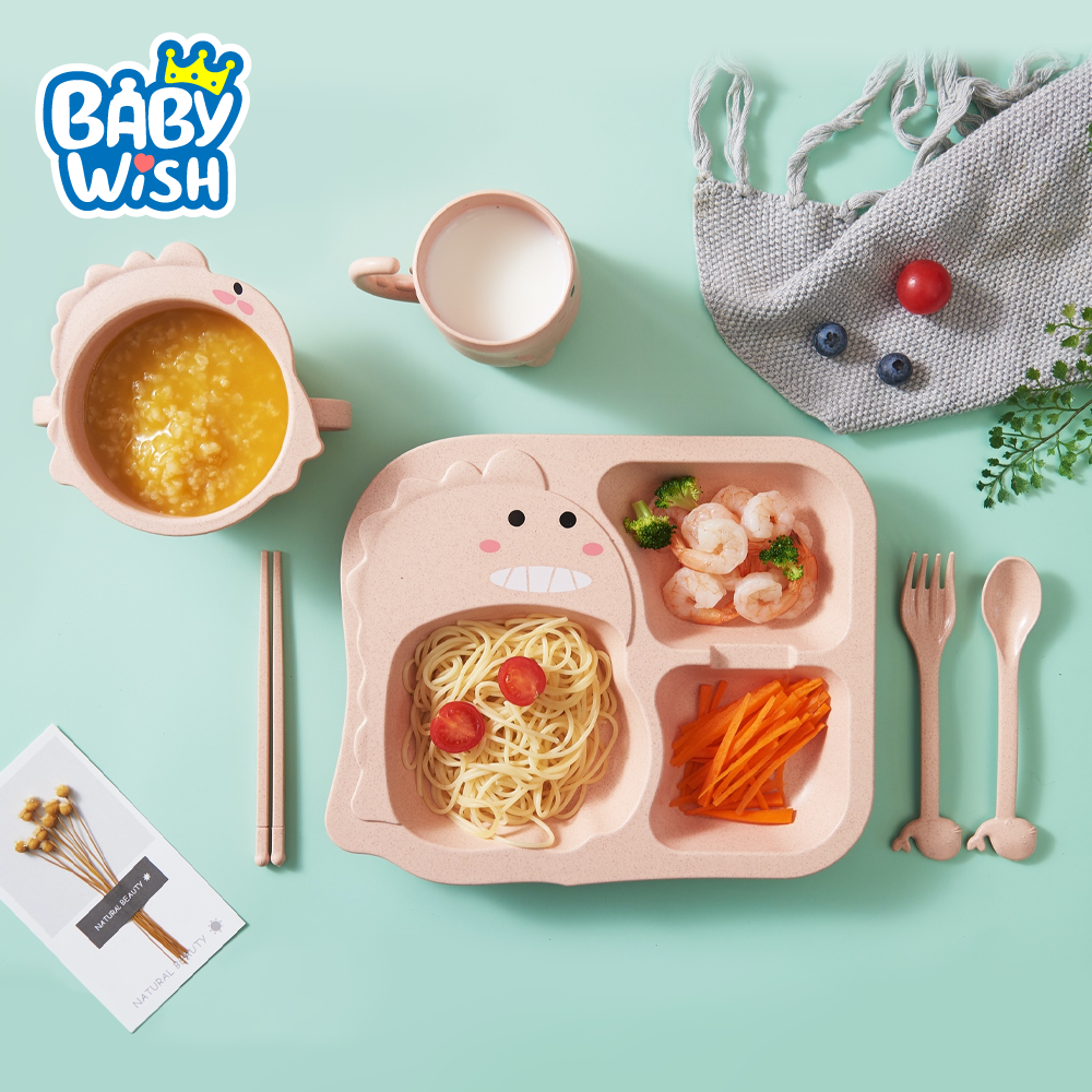 [จัดส่งจากไทย] ชุดจานข้าวเด็ก เซ็ท 4 ชิ้น วัสดุฟางข้าวสาลี ไม่มีสารเคมี Baby Wish