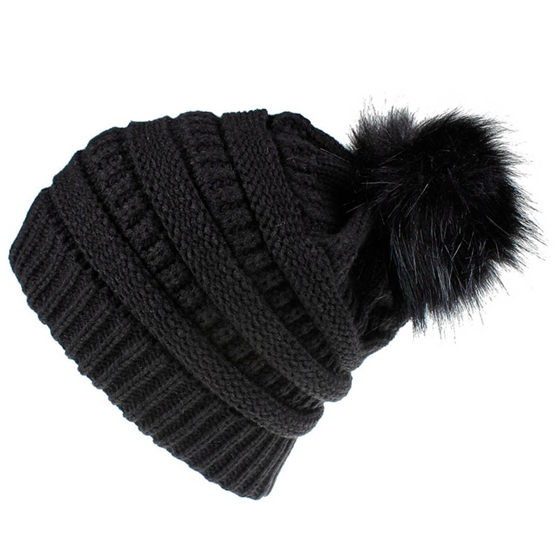 ถักหมวกบีนนี่กันหนาวสำหรับผู้หญิงหนา Baggy หมวกปอมปอมขนเทียมหมวกฤดูหนาว