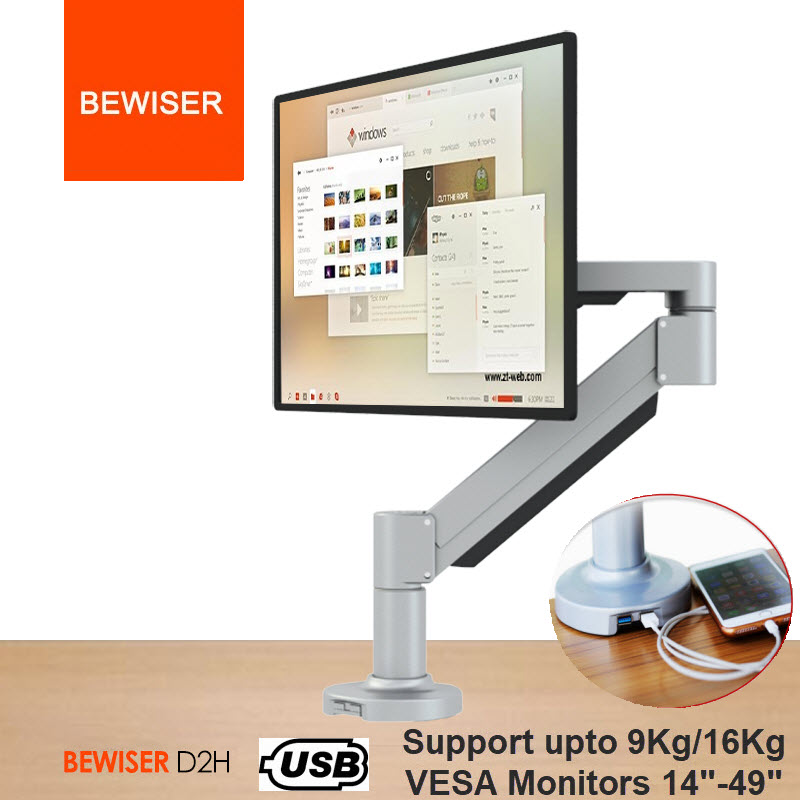 BEWISER รุ่นD2H ขาตั้งจอคอม มอนิเตอร์ 14"-49"แขนแก๊สสปริงยาว 2 ช่องเสียบ USB ดาต้า-ชาร์ตไฟ อลูมินั่มเกรดเอ แยกชุดรับนน.สูงสุด10kgและ11kg-16kg  (ออกบิลVAT)