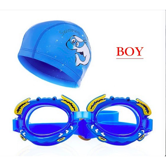 ชุดหมวกว่ายน้ำ + แว่นตาว่ายน้ำ สำหรับเด็ก ผู้หญิง ผู้ชาย ลายโลมาน่ารัก มีให้เลือก 4 สี