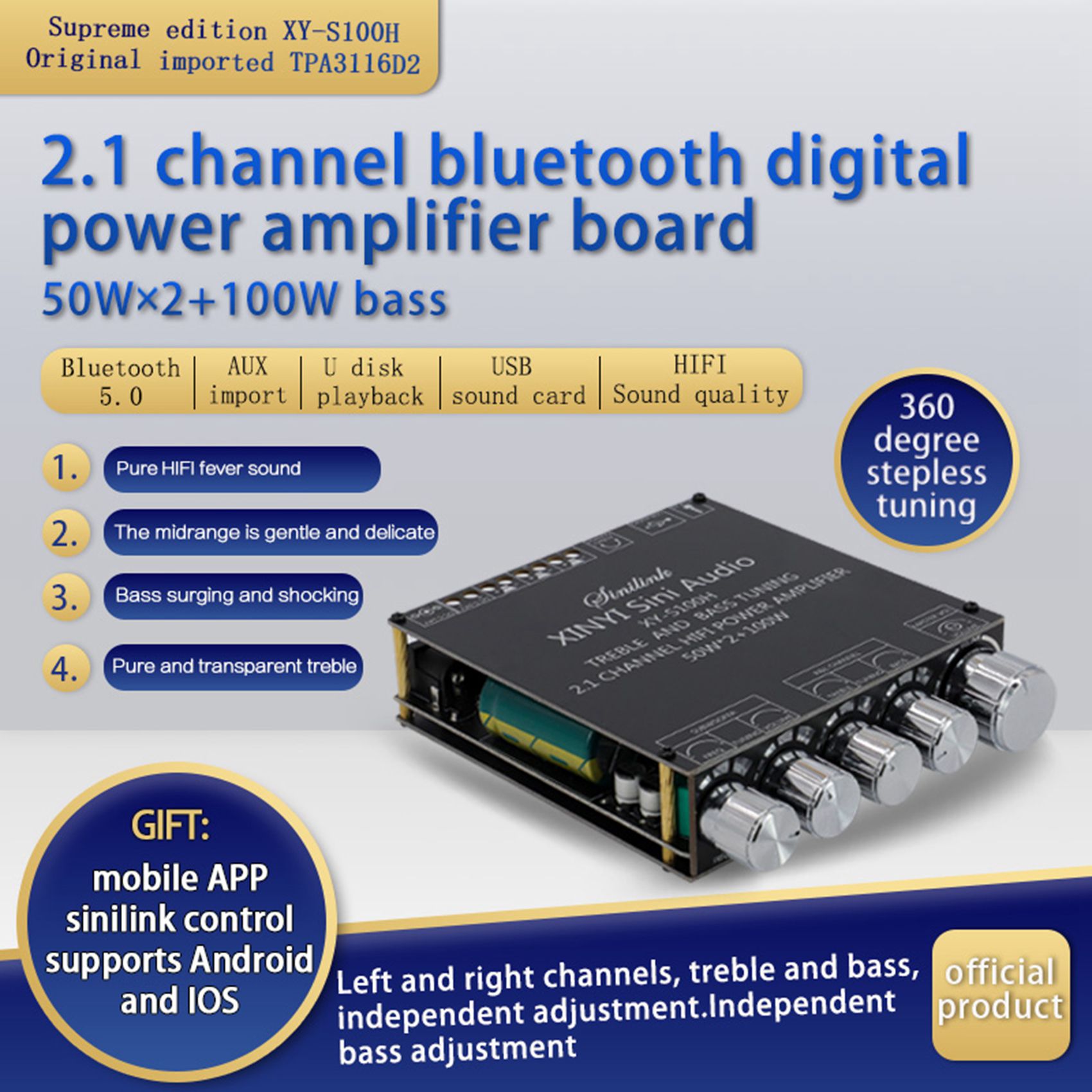 XY-S100H TPA3116D2 Bluetooth 5.0เครื่องขยายเสียง Board 50WX2 + 100W 2.1 Channel Power เครื่องขยายเสียงสเตอริโอบอร์ด