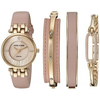 Anne Klein Womens AK/2684LPST Diamond-Accented Gold-Tone and Pink Leather Strap Watch and Bangle Set Anne Klein Womens AK/2684LPST Diamond-Accented Gold-Tone and Pink Leather Strap Watch and Bangle Set