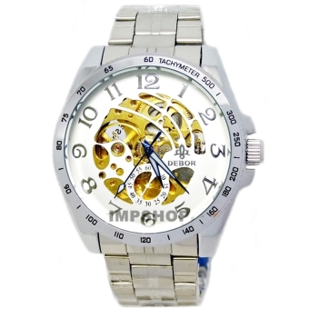 2561 DEBOR นาฬิกาข้อมือชาย AUTO หน้าปัดขาวเงินฉลุลายเส้น เลขอารบิค สายสแตนเลส (สีขาว)