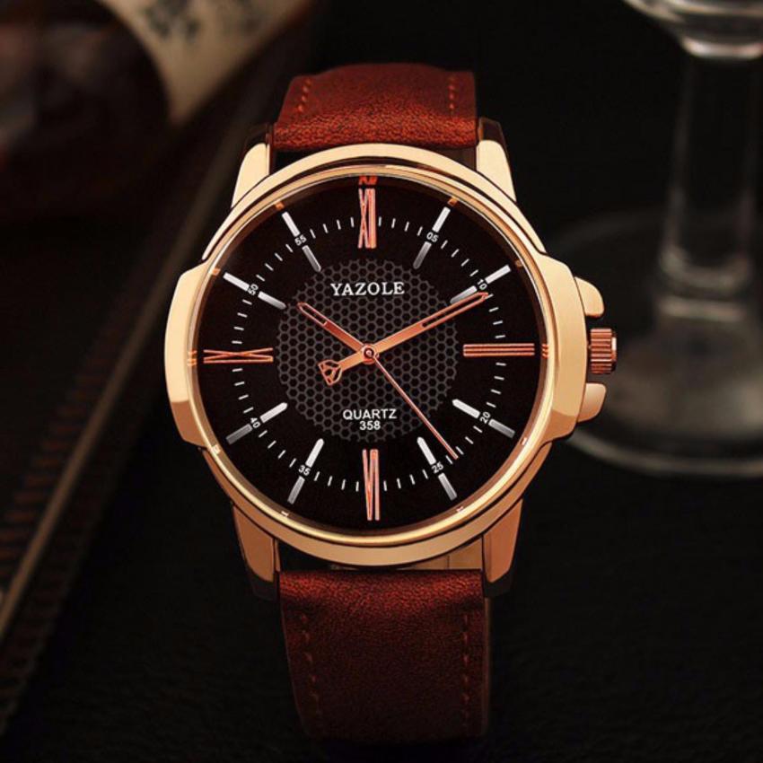 MEGA Yazole Business Fashion Water Resistant Golden Case Quartz Analog Men Leather Watch MG0038 (Brown/Black)