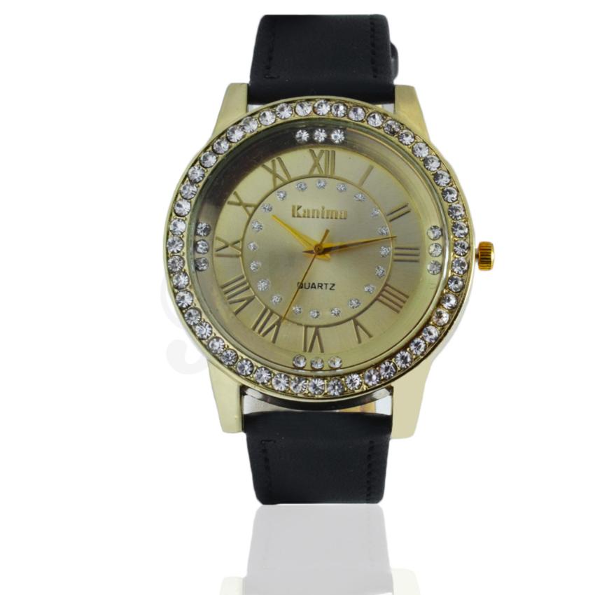 Poca Watch Kanima Watch สายหนัง นาฬิกาข้อมือผู้หญิง ตัวเรือนทอง สายหนัง ราคาถูกสายหนังสีดำ (สีGold) ขอบเพชร รุ่นยอดนิยม