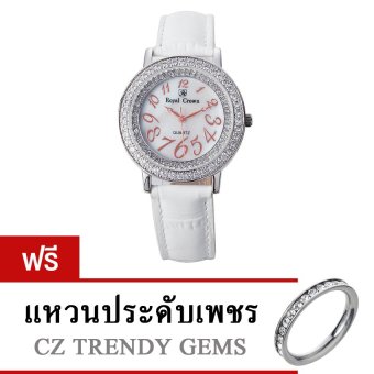 ประเทศไทย Royal Crown - นาฬิกาข้อมือผู้หญิงประดับเพชร รุ่น 3632M สายหนัง สีขาว แถมฟรี แหวนเพชร CZ 1วง