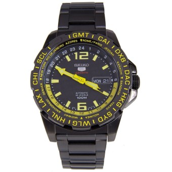 ราคา SEIKO 5 Sports Automatic นาฬิกาข้อมือชาย สีดำ/เหลือง สายสแตนเลส SRP689K1 black ip