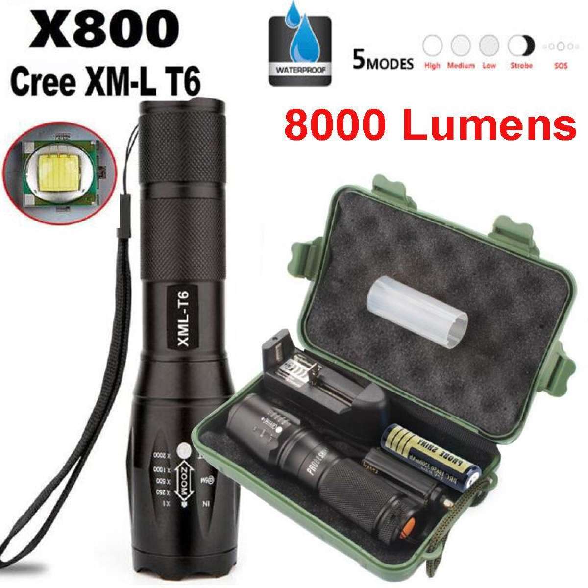 Smart Light ไฟฉายแรงสูง T6 (ครบเซต) สว่างมาก ซูมได้ ปรับได้ 5 ระดับ พร้อมถ่านและแท่นชาร์ท ไฟฉาย แรงสูง ซูมได้ LED เทอร์โบ ไลท์ (Box Set)