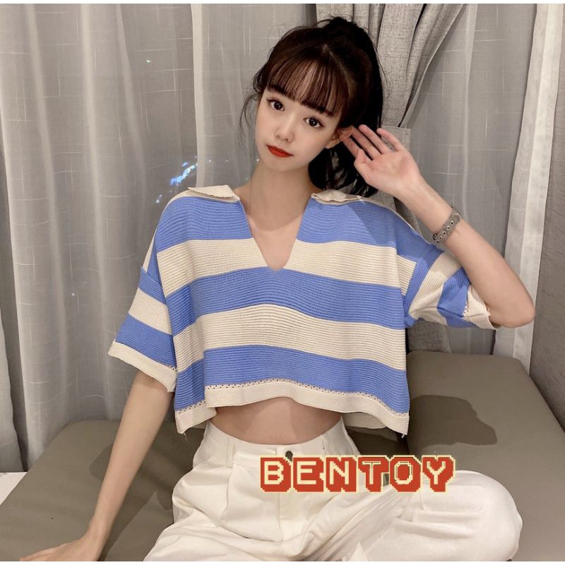 ✺✹❒  Bentoy*พร้อมส่ง*เสื้อครอปคอปกหน้าวีลายทางแขนสั้นสุดฮิตNO.5958-1