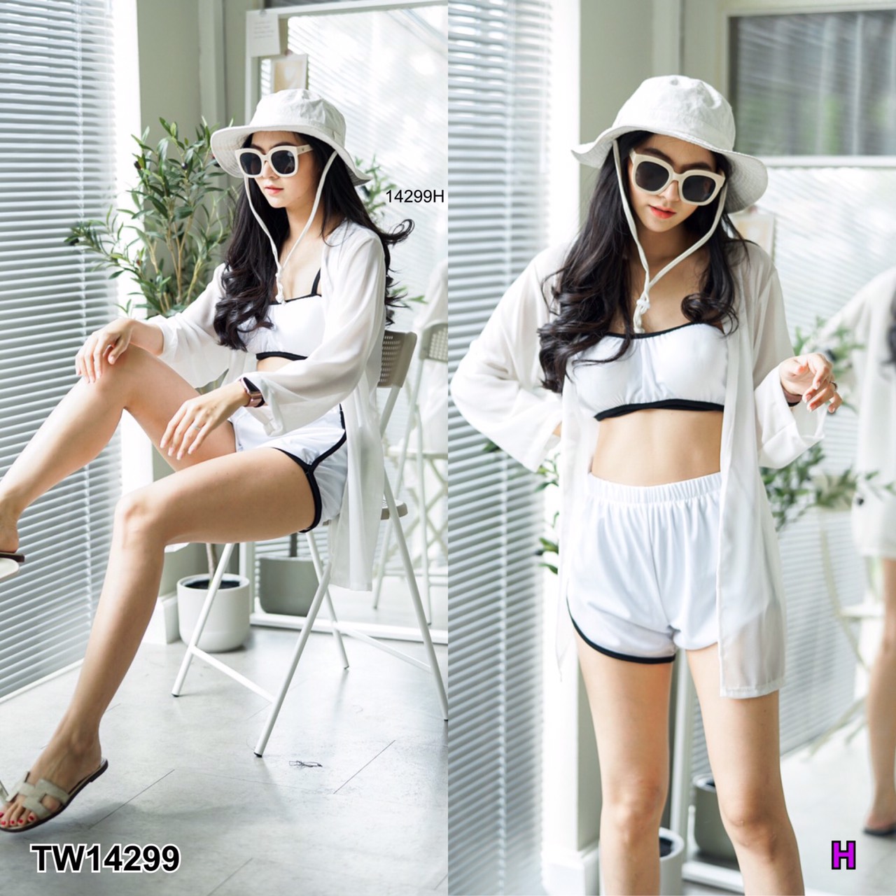 TW14299 Set 3 ชิ้น ชุดว่ายน้ำ + กับกางเกง + เสื้อคลุมซีทรู